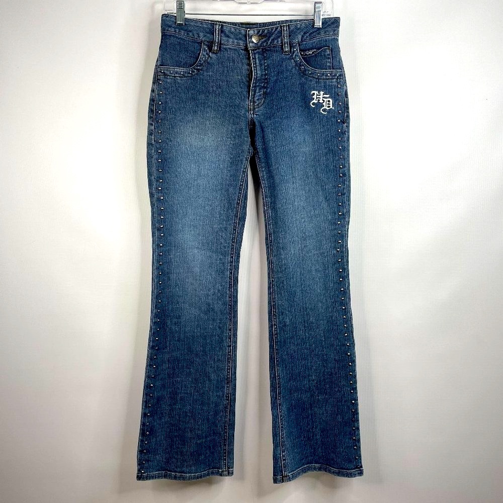 Vintage Y2K Harley Davidson Studded Blue Denim Low Rise Flare Leg Stretc…